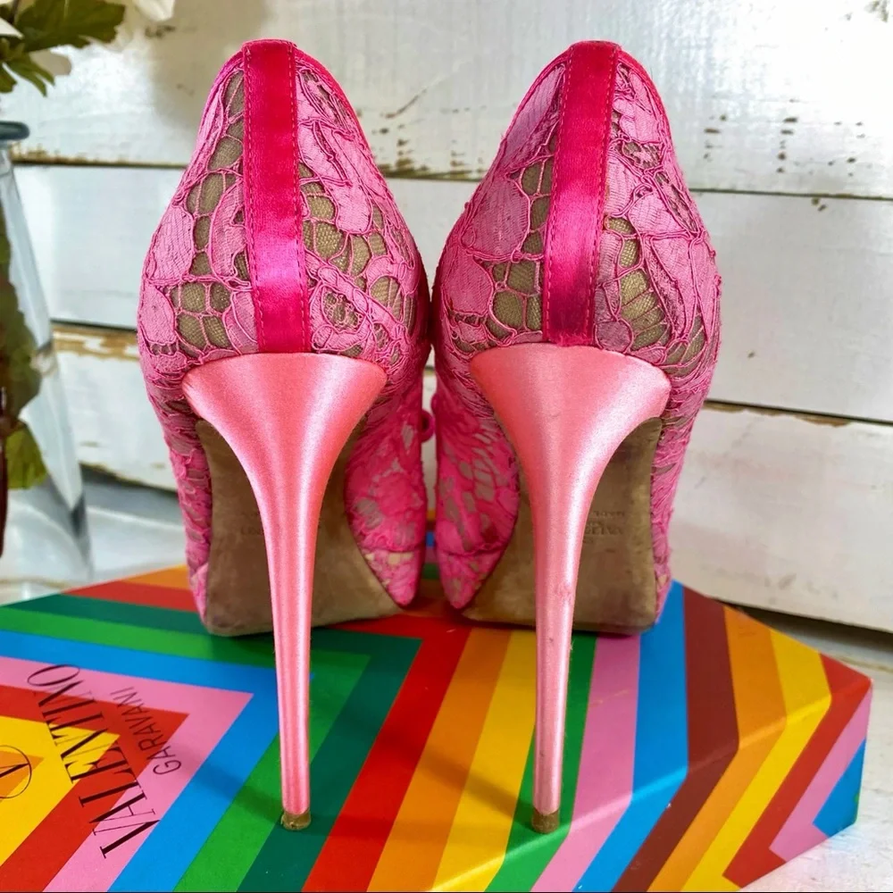 Valentino Garavani Hot Pink Lace Couture Bow Pumps